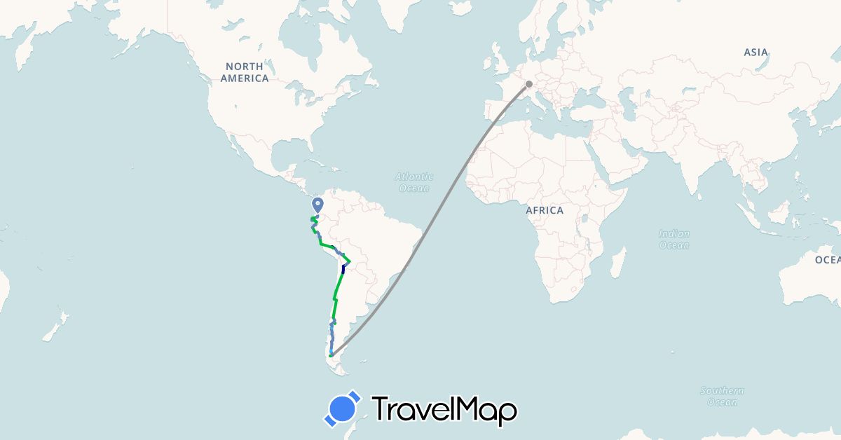 TravelMap itinerary: driving, bus, plane, cycling, hiking, boat in Argentina, Bolivia, Chile, Germany, Ecuador, France, Peru (Europe, South America)